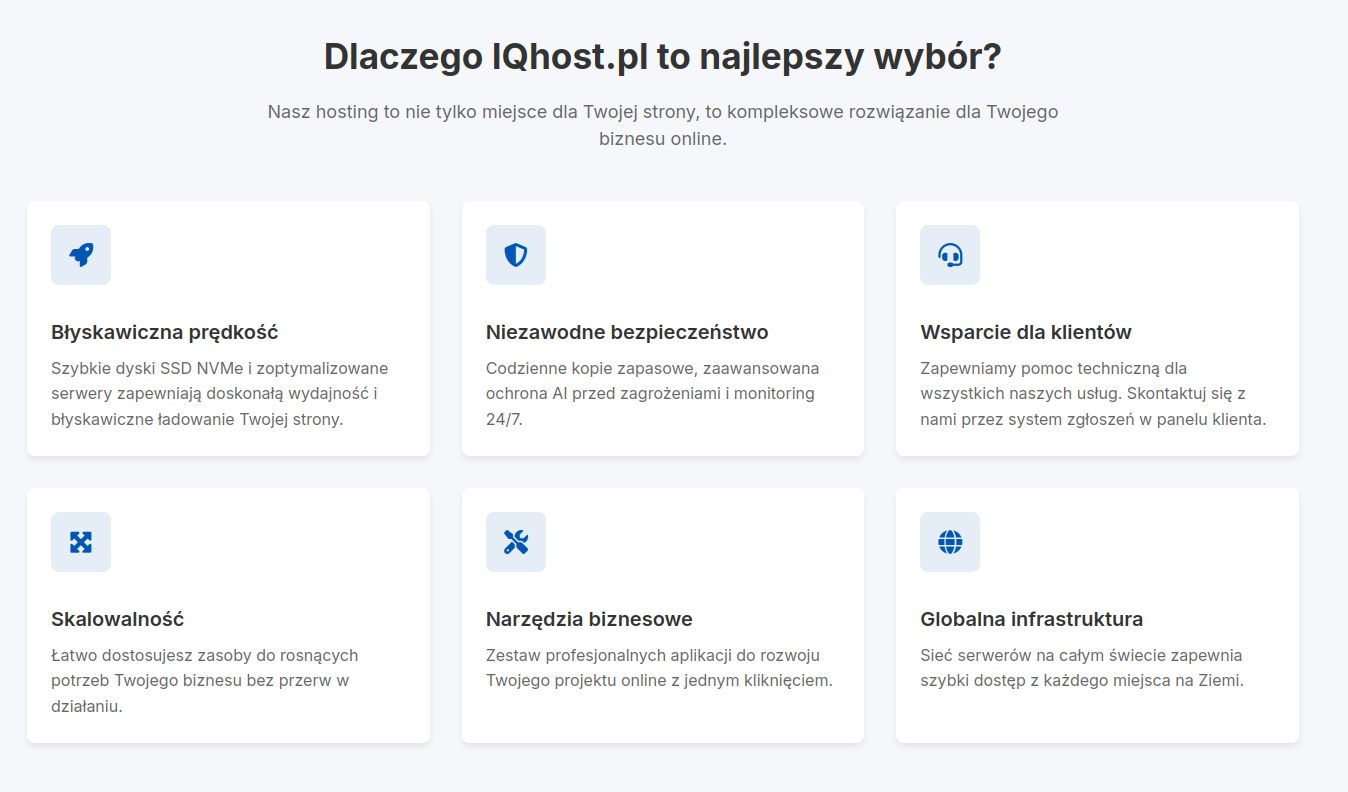 Lista głównych korzyści hostingu IQhost