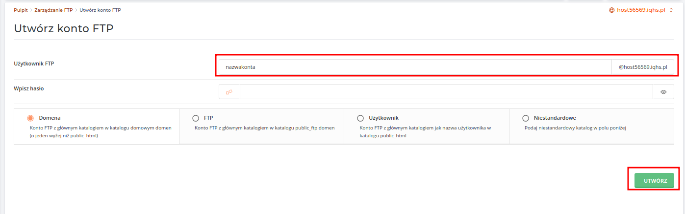 Formularz tworzenia nowego konta FTP w DirectAdmin - potwierdzenie