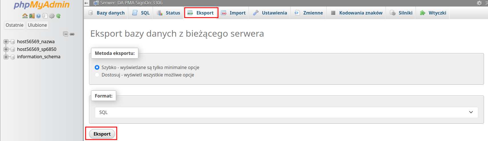 Ekran eksportu (backupu) bazy danych w phpMyAdmin
