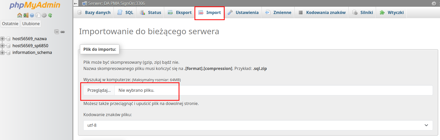 Ekran importu bazy danych w phpMyAdmin