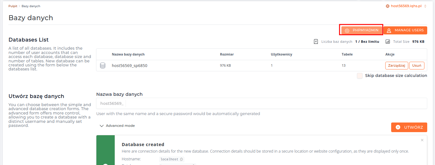 Druga część interfejsu phpMyAdmin