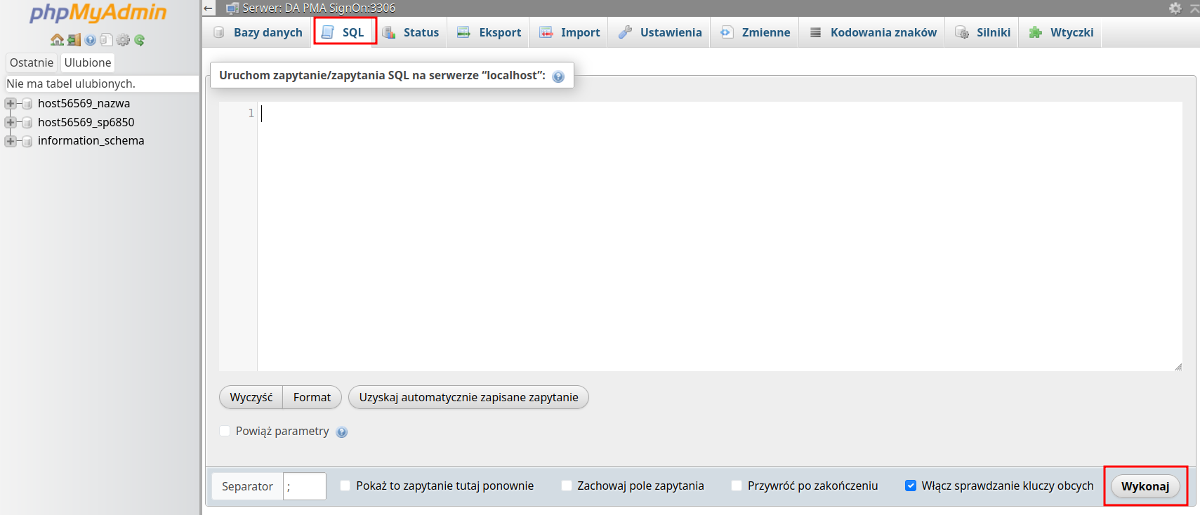 Ekran wykonywania zapytań SQL w phpMyAdmin