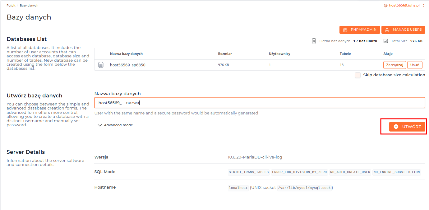 Formularz tworzenia nowej bazy danych MySQL w DirectAdmin