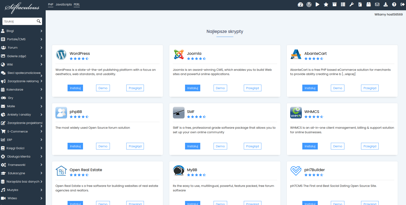 Interfejs główny Softaculous z kategoriami aplikacji i popularnymi aplikacjami