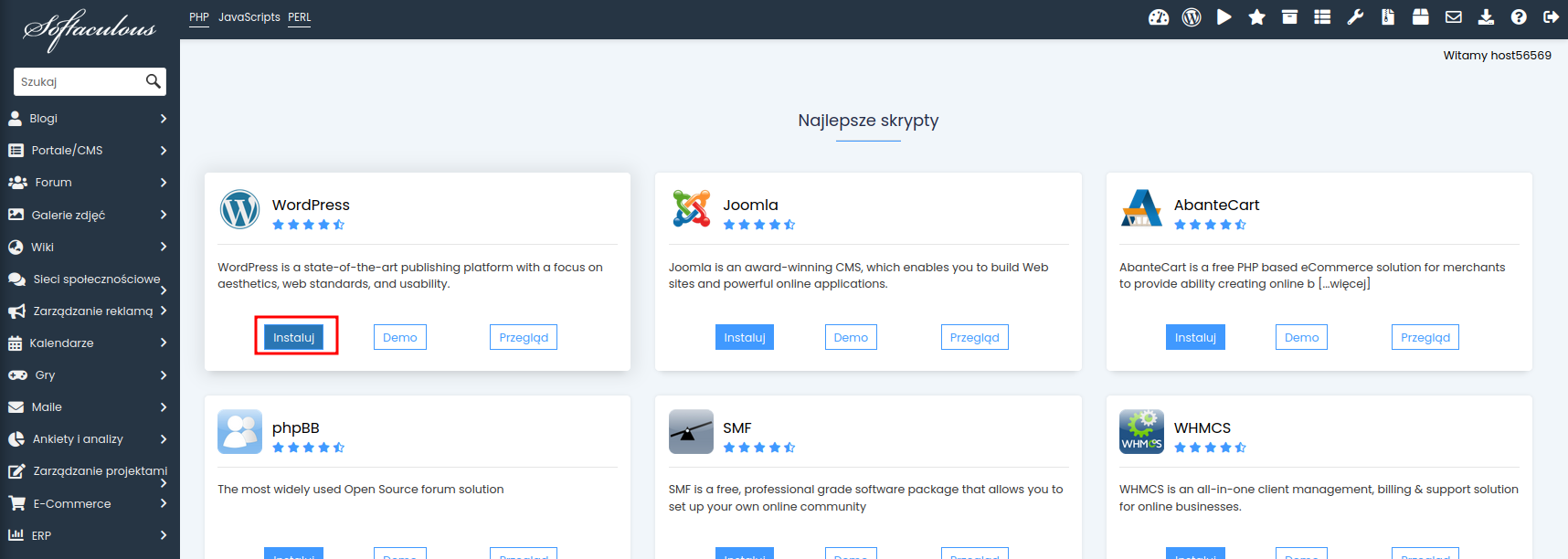 Formularz konfiguracji instalacji WordPress w Softaculous