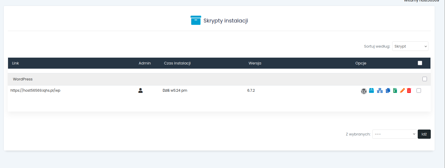 Lista zainstalowanych aplikacji w Softaculous z dostępnymi opcjami zarządzania