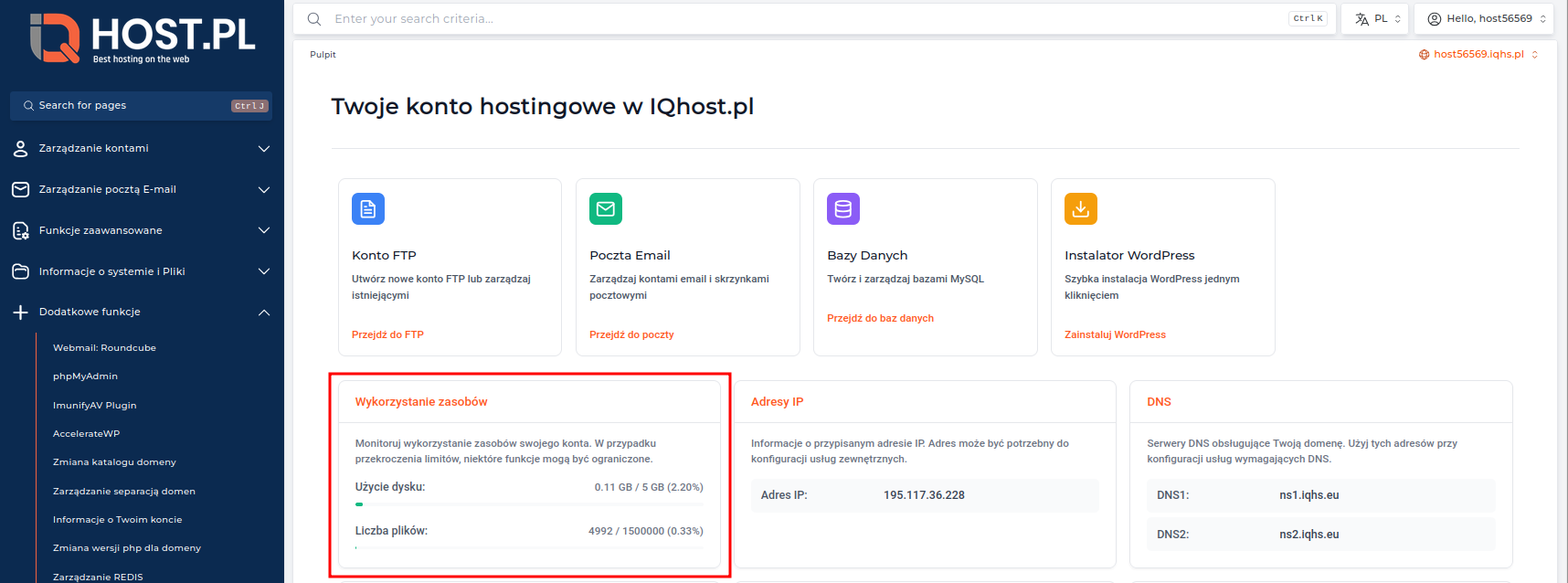 Wykorzystanie przestrzeni dyskowej w panelu DirectAdmin