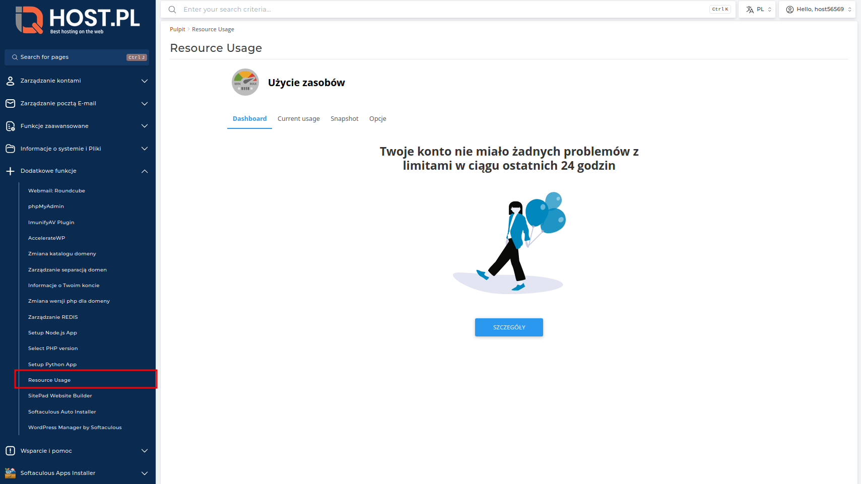 Panel monitorowania wykorzystania CPU z widocznymi limitami i aktualnym użyciem
